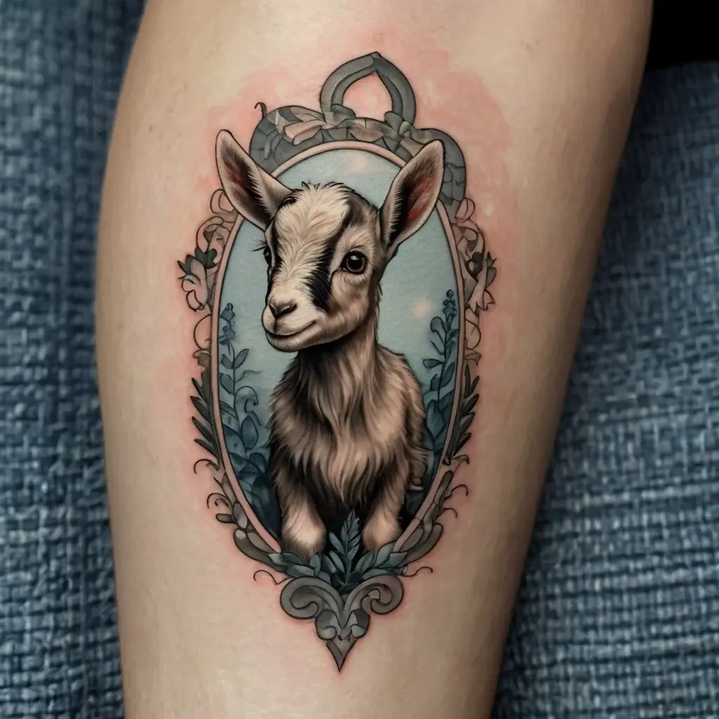 Realistic baby goat tattoo in ornate frame with floral accents, showcasing detailed shading and subtle color tones.