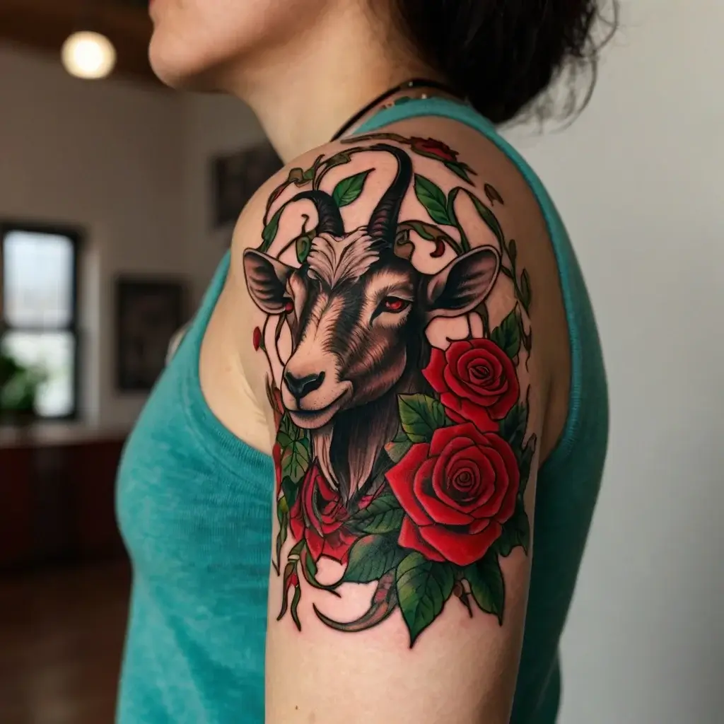 A realistic goat head with red eyes is surrounded by vibrant red roses and green leaves on the upper arm.