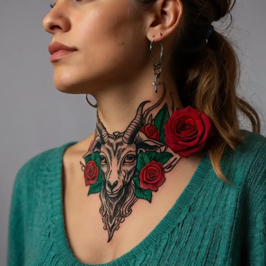 Neck tattoo of a goat head with detailed horns, surrounded by vibrant red roses and green leaves, in a bold style.