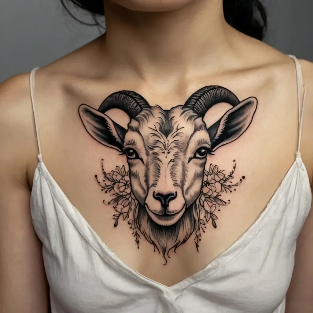 Tattoo of a detailed goat head with curved horns, accented by floral elements, intricately designed on the upper chest.