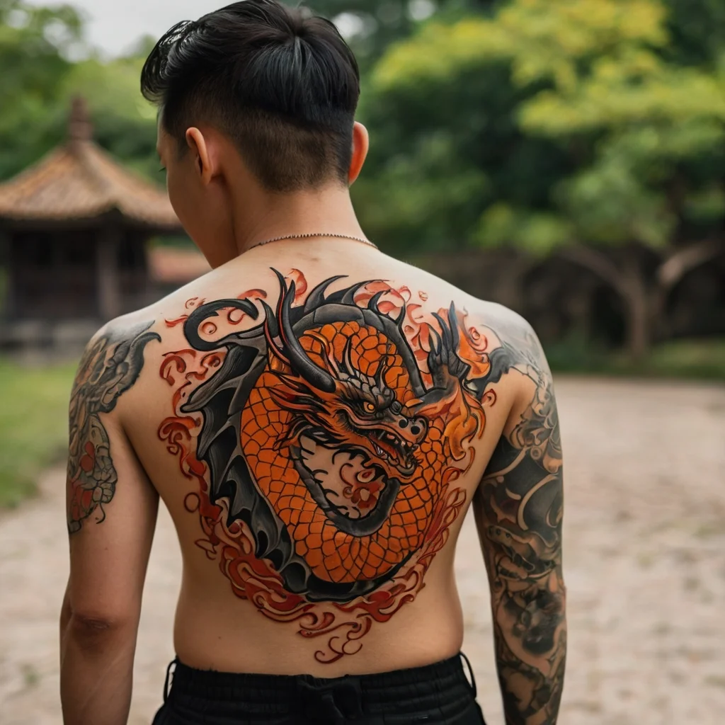 Back tattoo of an orange dragon encircled in black, with flames and detailed scales, symbolizing power and protection.