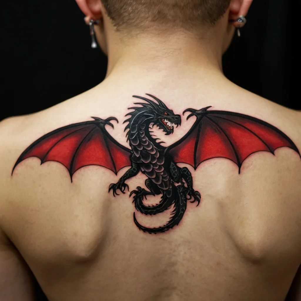 Tattoo of a fierce black dragon with red wings on the upper back, showcasing bold lines and vibrant contrast.