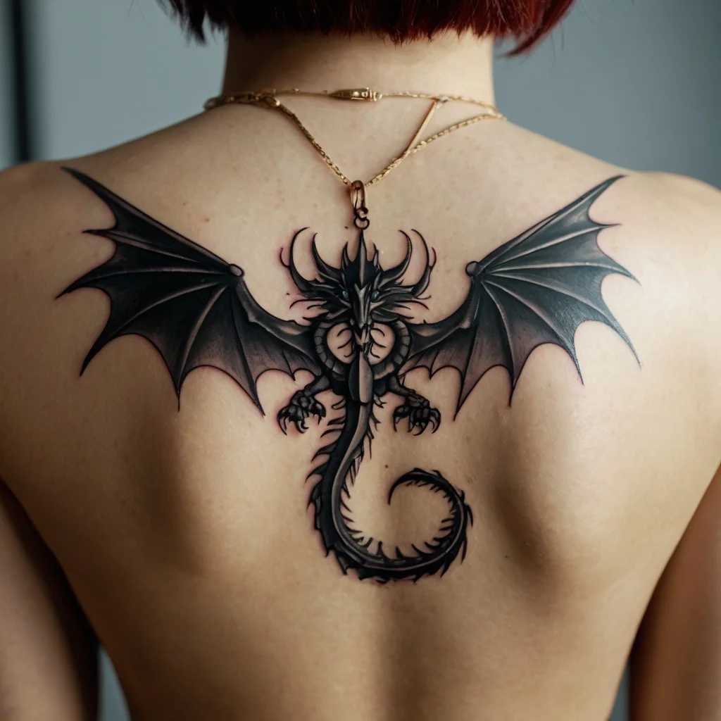 Dragon tattoo spanning upper back, featuring intricate wings and scales, exuding a mythical and fierce vibe.