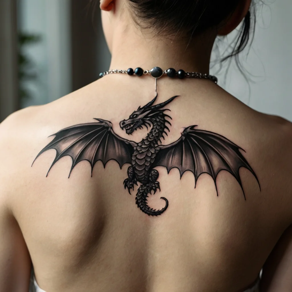 Intricate dragon tattoo on upper back, with outstretched wings and detailed scales, showcasing strength and fantasy.