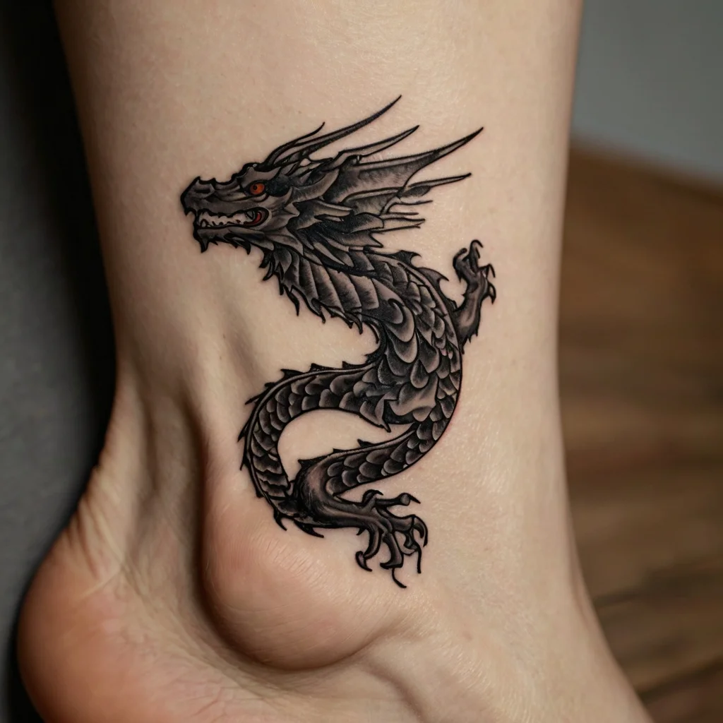 Black dragon tattoo with intricate scales and red eyes, coiled on the ankle, symbolizing strength and wisdom.