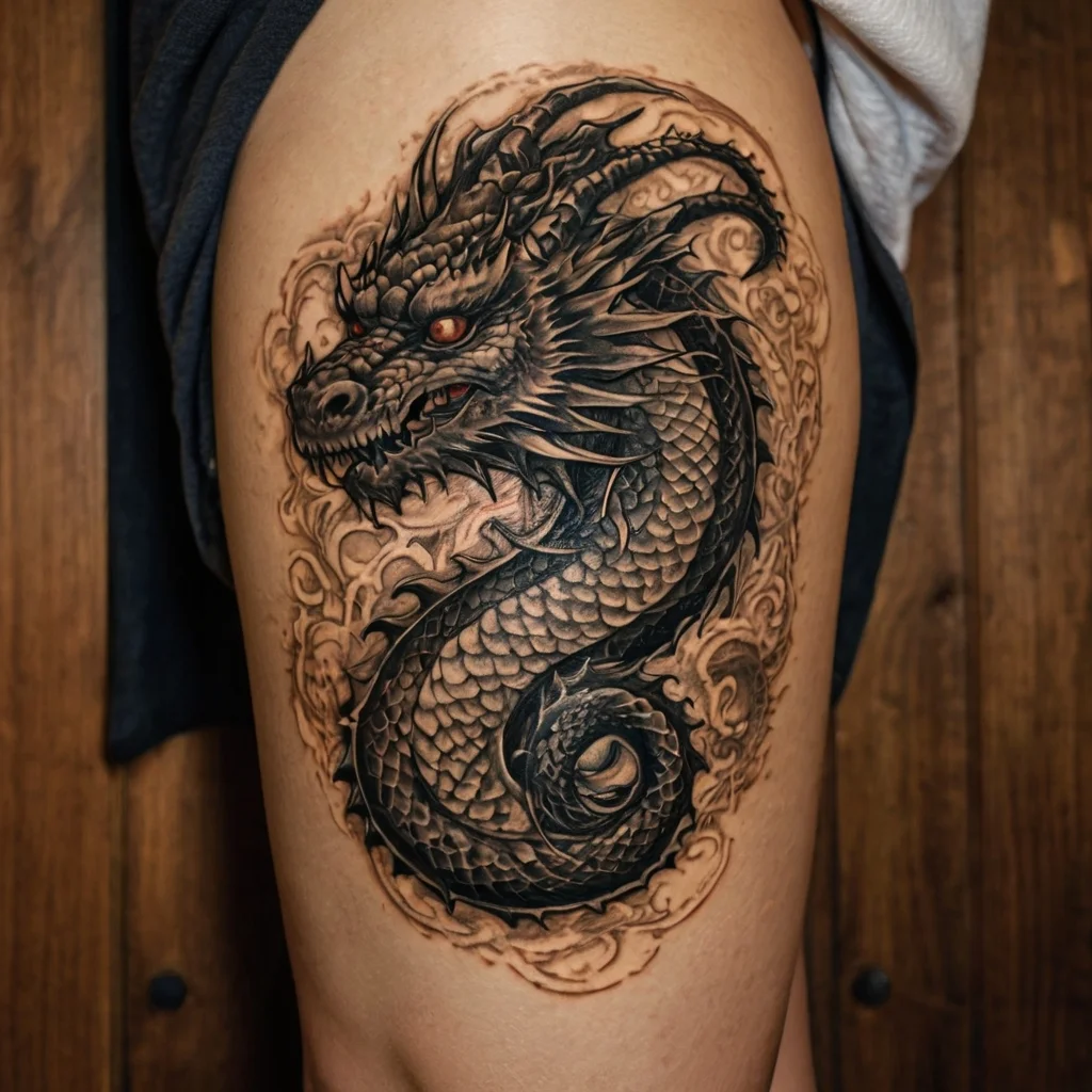 Intricate dragon tattoo with detailed scales and fiery eyes, coiling elegantly around with swirling smoke effects.