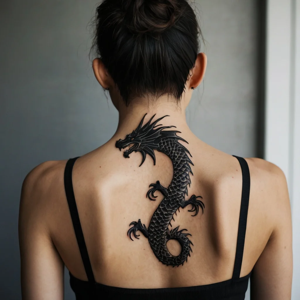 Intricate black dragon tattoo with scales and spikes, winding elegantly down the back, symbolizing strength and wisdom.