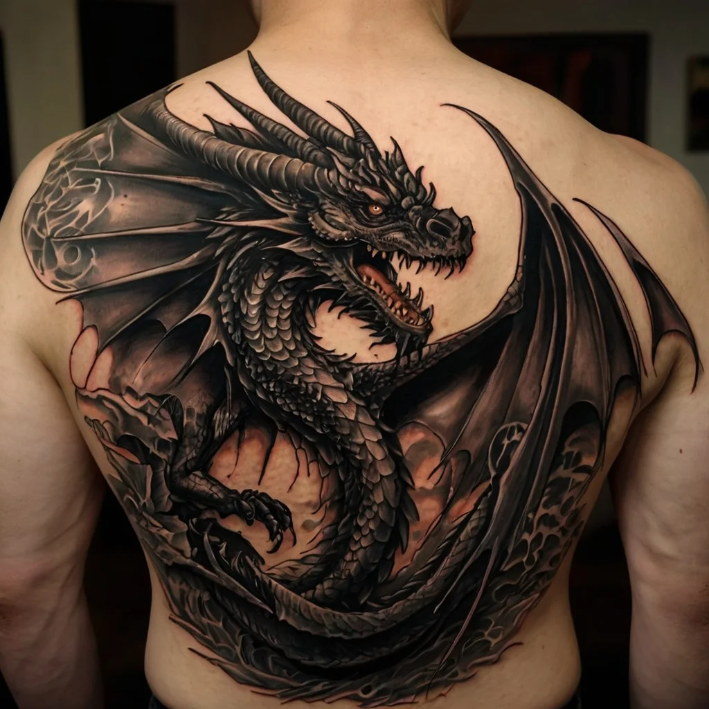 Intricate black dragon tattoo covers entire back, featuring detailed scales, fierce eyes, and outstretched wings.