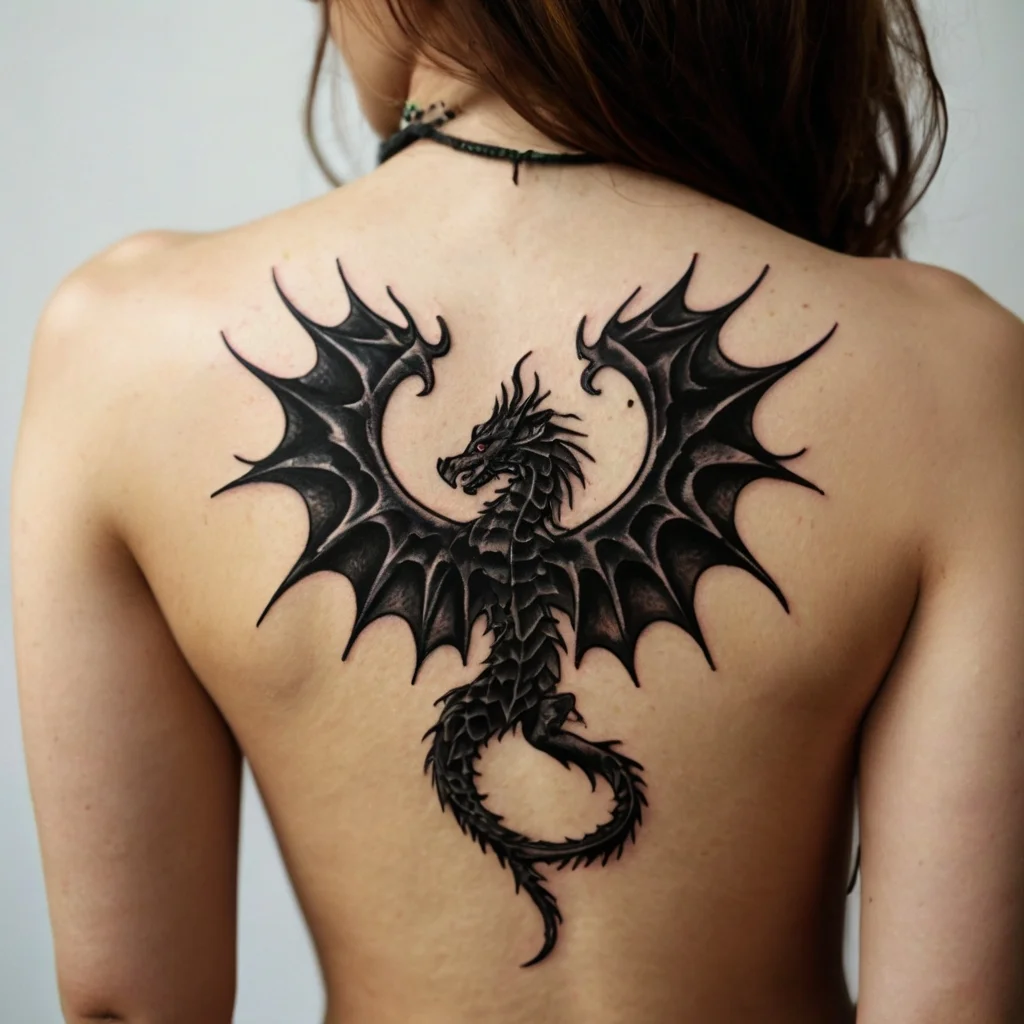 Intricate black dragon tattoo on upper back, featuring detailed scales and outstretched wings with sharp edges.