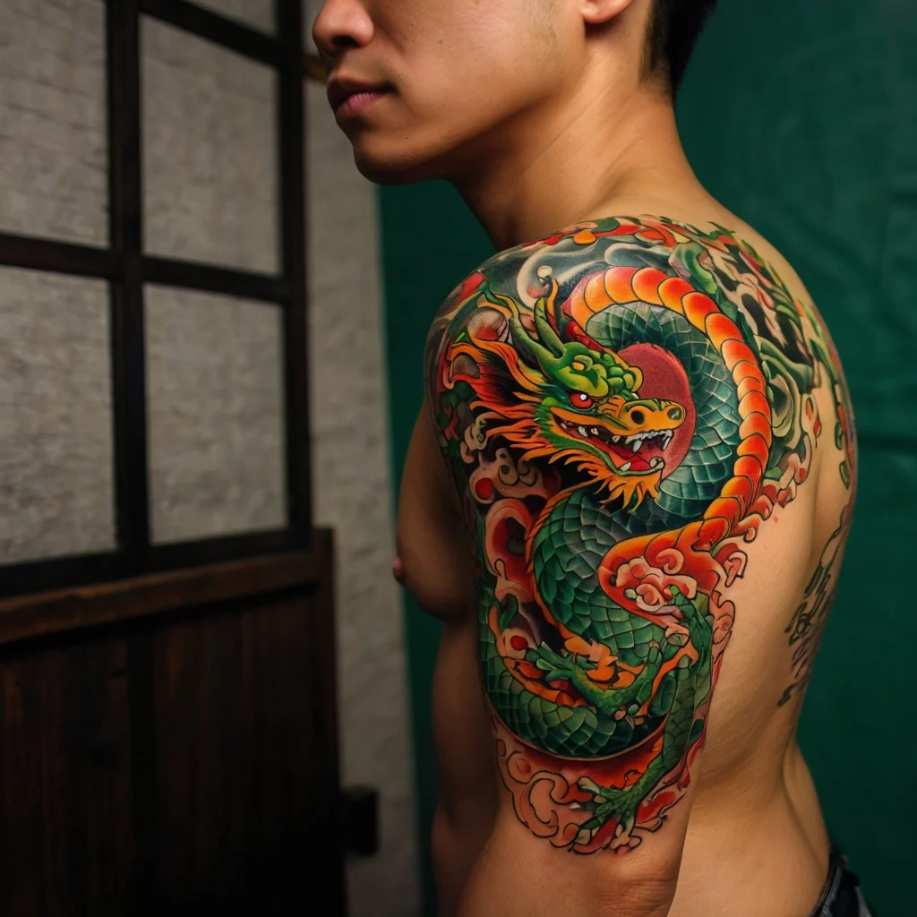 Colorful dragon tattoo on shoulder, featuring vibrant scales and fiery details, winding with a dynamic flow in Asian style.