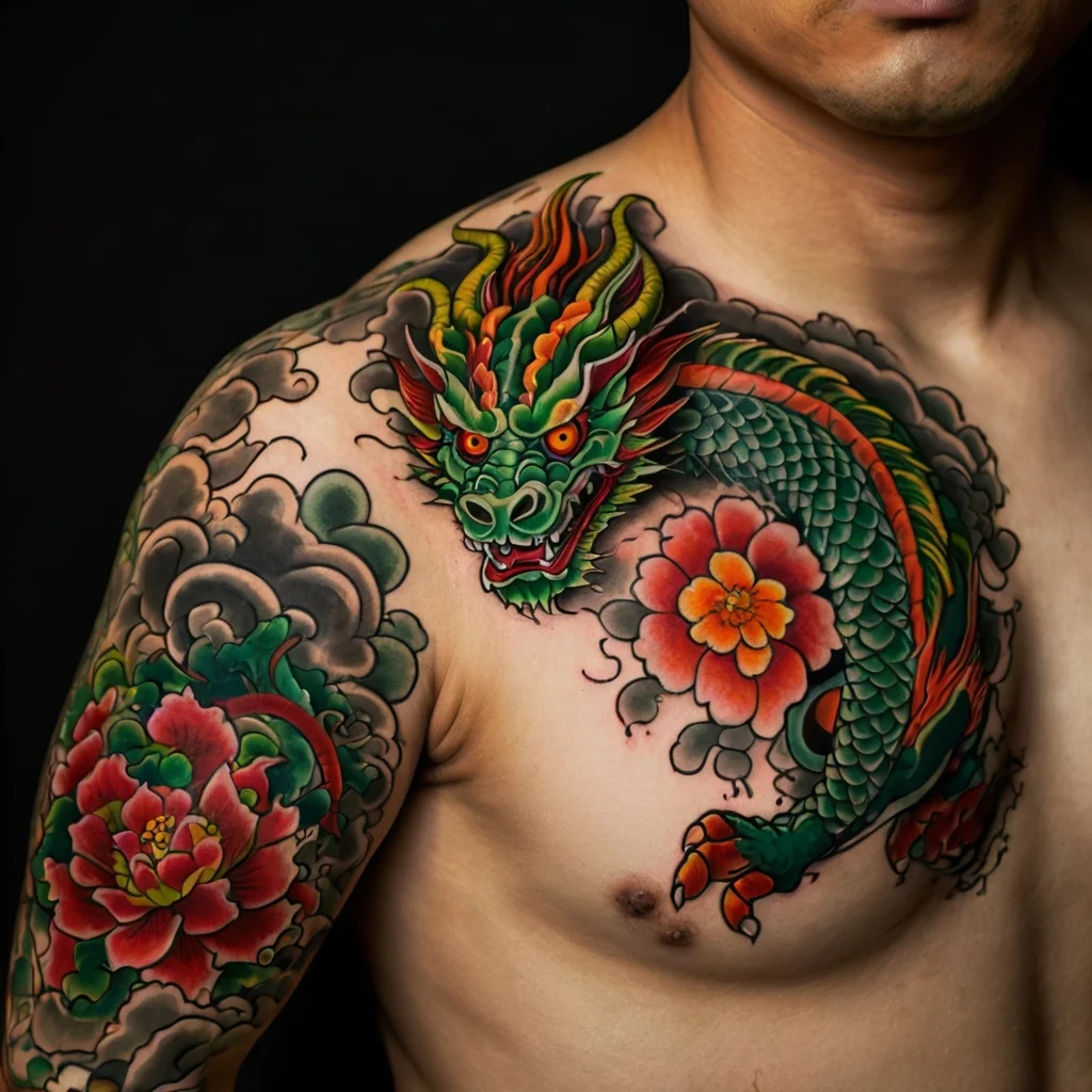 Vibrant Japanese dragon tattoo with vivid green scales wraps around the shoulder, surrounded by red flowers and clouds.