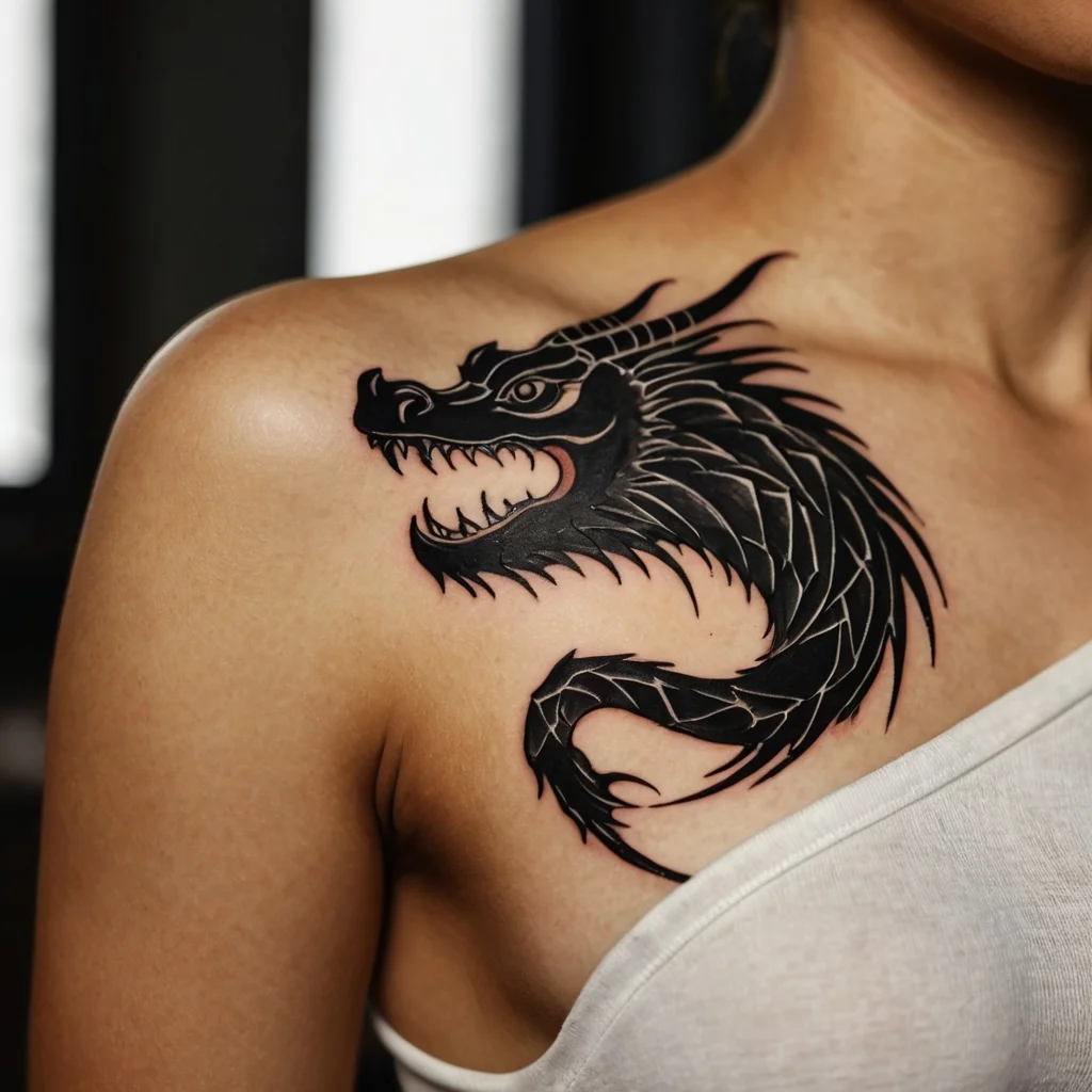 Black dragon tattoo on shoulder with intricate scales and sharp, tribal lines for a fierce and dynamic look.