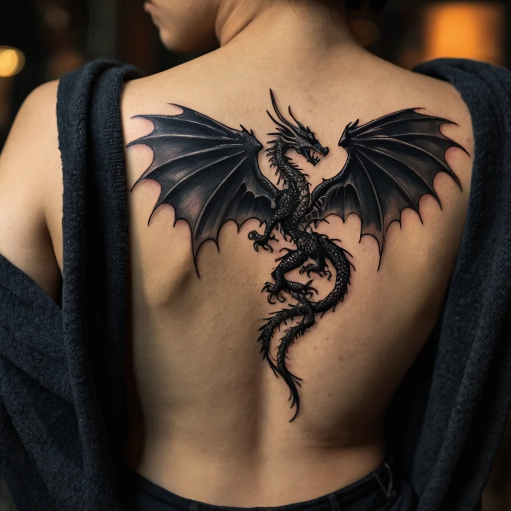 Detailed black dragon tattoo with spread wings on the back, showcasing intricate scales and dynamic posture.