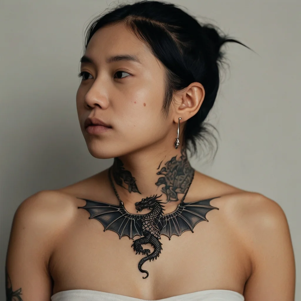 Intricate dragon tattoo, wings spread across collarbones, tail coiled on chest. Detailed scales and fierce expression.