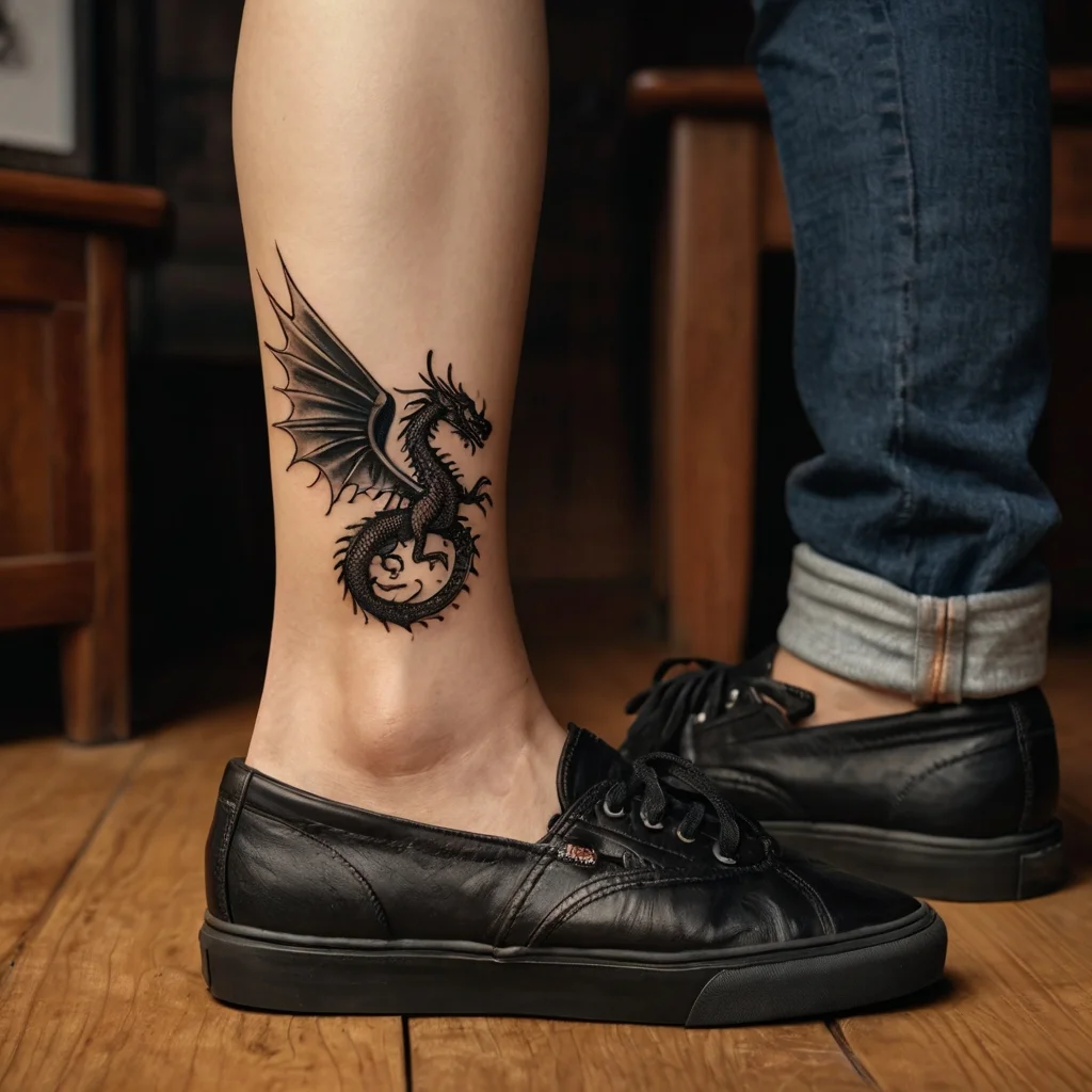 Black tribal dragon tattoo on the lower leg, featuring intricate scales and detailed wings with a fierce expression.