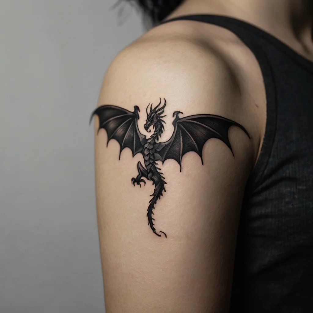 Black dragon tattoo with outstretched wings, detailed scales, and a fierce posture on the upper arm.