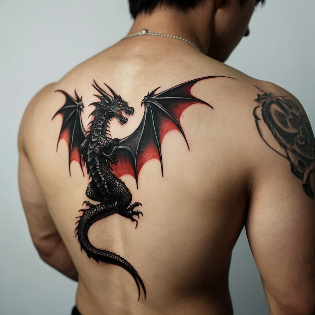 Intricate dragon tattoo on back, black scales with red wings, creating a striking and dynamic mythical design.