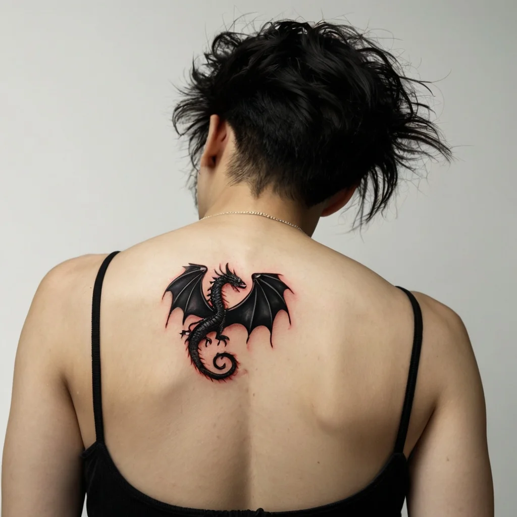 Black dragon tattoo with red highlights, featuring detailed wings and curled tail, placed centrally on the upper back.