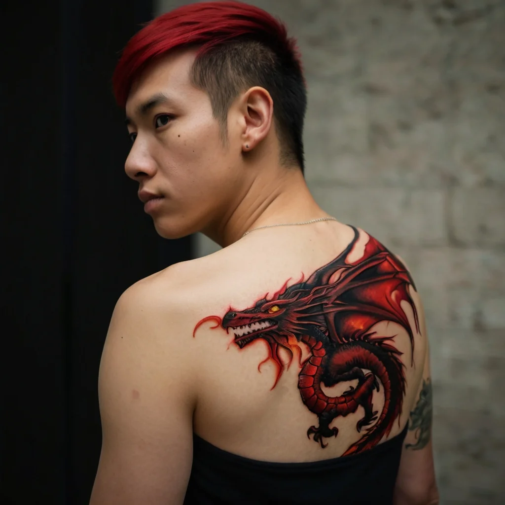 Vibrant red dragon tattoo with fierce eyes and detailed scales, wrapping elegantly across the shoulder blade.