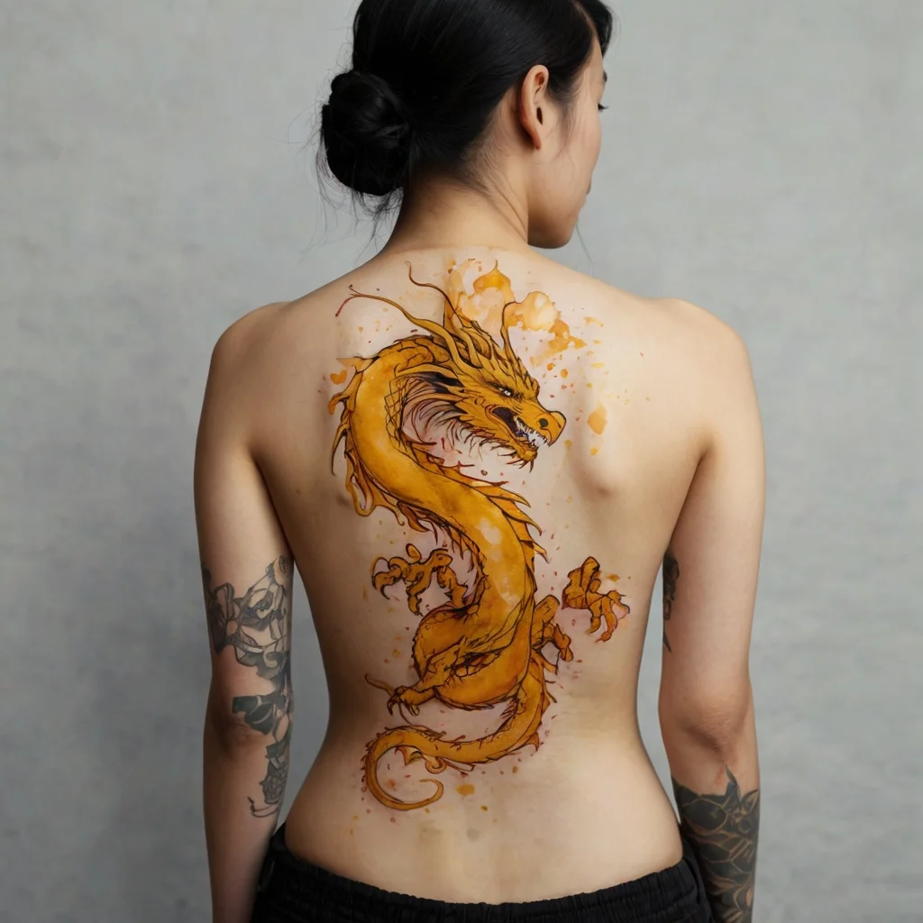 Back tattoo of a vibrant orange dragon in watercolor style, coiled gracefully, with dynamic splashes accentuating its presence.