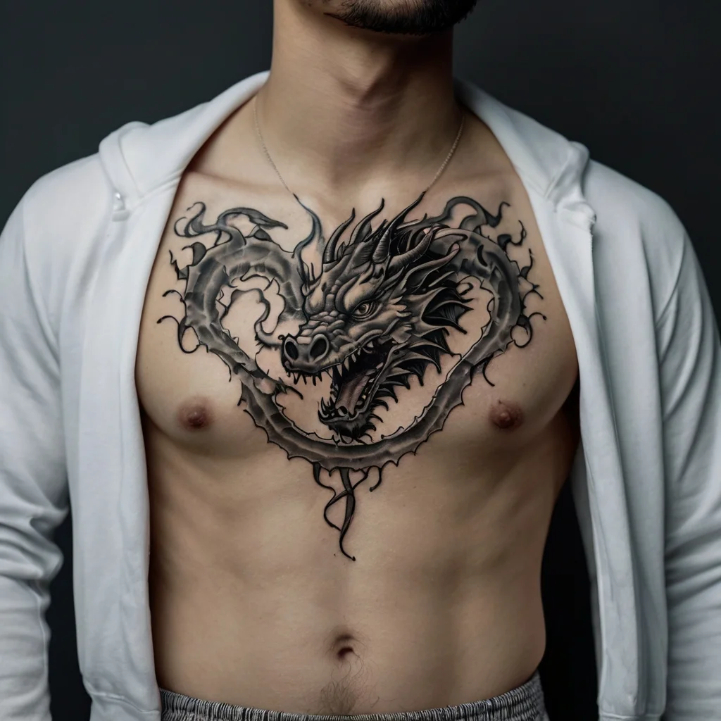 Chest tattoo of a fierce dragon with detailed scales, circling and biting its tail, symbolizing power and eternity.