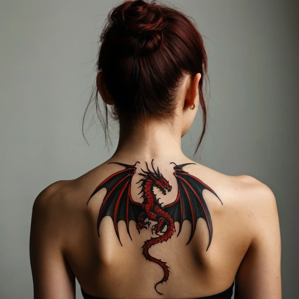 Tattoo of a red dragon with black wings on upper back, symbolizing strength and power.