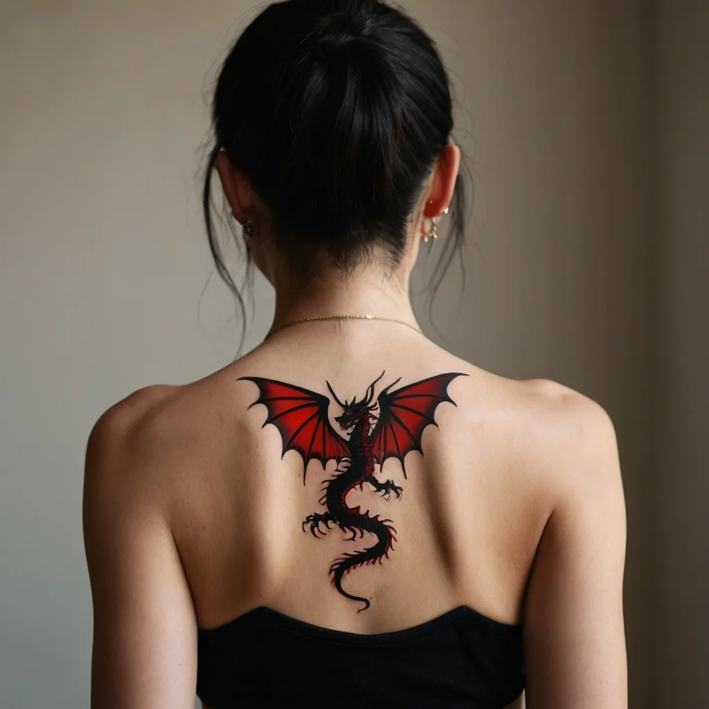 Tattoo of a striking red and black dragon with outstretched wings on upper back, symbolizing strength and power.