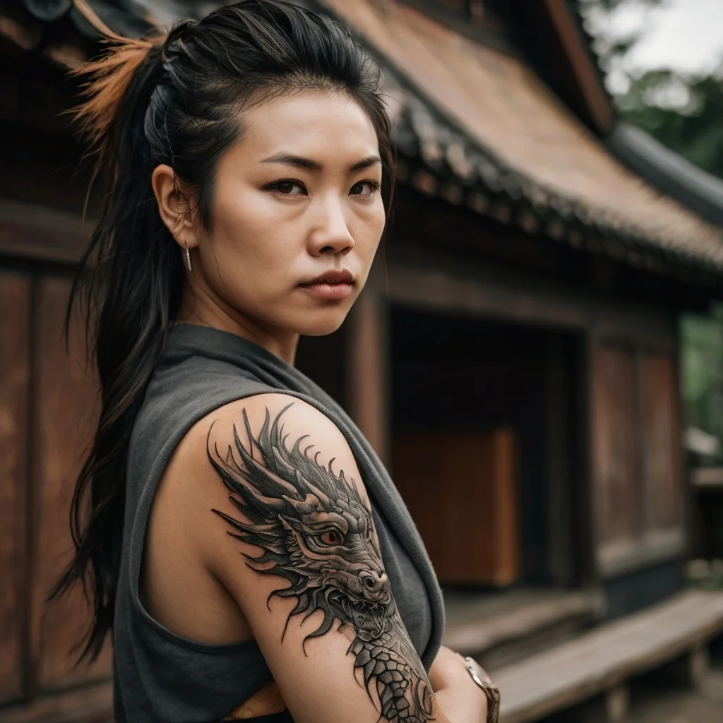 Detailed dragon tattoo on shoulder, featuring bold lines and intricate shading, evoking strength and mystique.