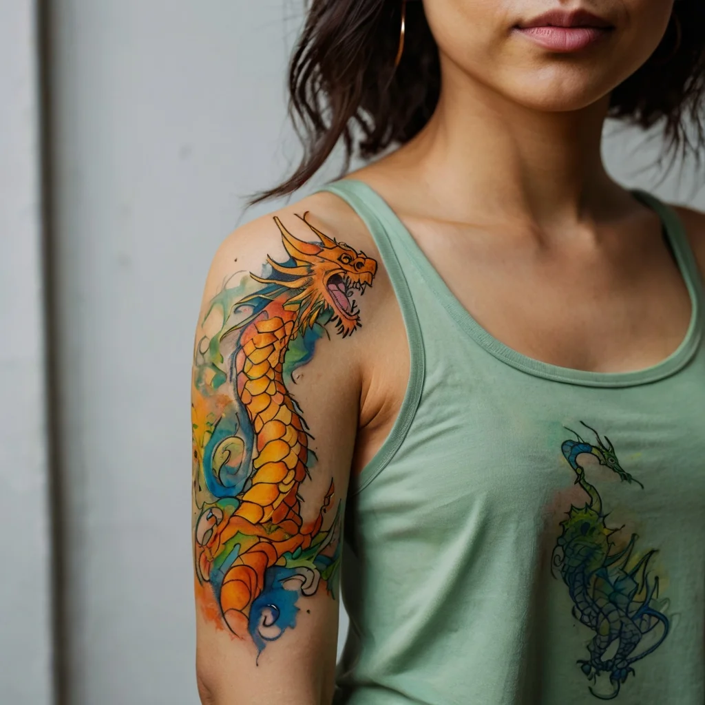 Colorful dragon tattoo with vibrant scales, flowing along the arm, surrounded by blue and orange swirling smoke.