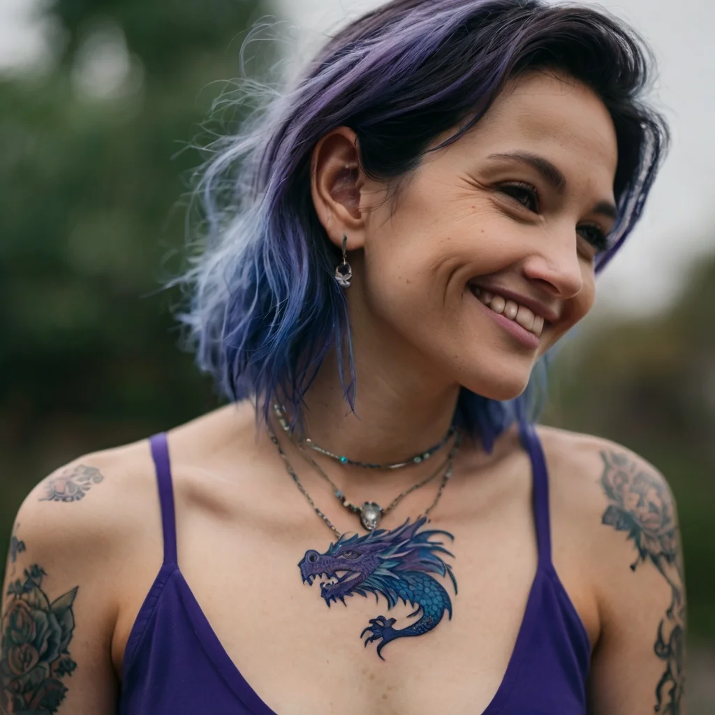 A vibrant dragon tattoo in shades of blue and purple adorns the chest, complemented by floral shoulder tattoos.