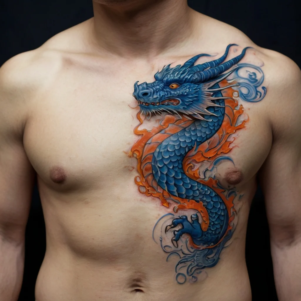 Tattoo of a blue dragon with vivid orange flames, coiled on the chest. Intricate scales and vibrant details highlight the design.