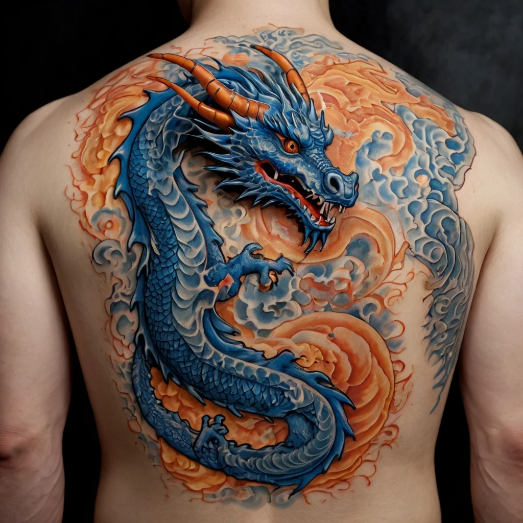 Intricate blue dragon with orange horns and fiery clouds on the back, showcasing dynamic motion and detailed scales.