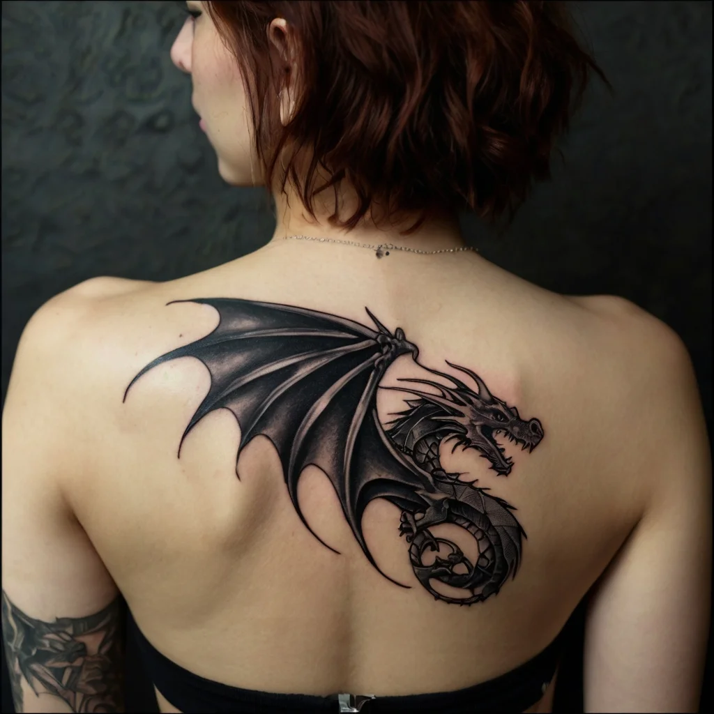 Intricate black dragon tattoo on upper back with detailed wings and scales, depicting mythic strength and elegance.