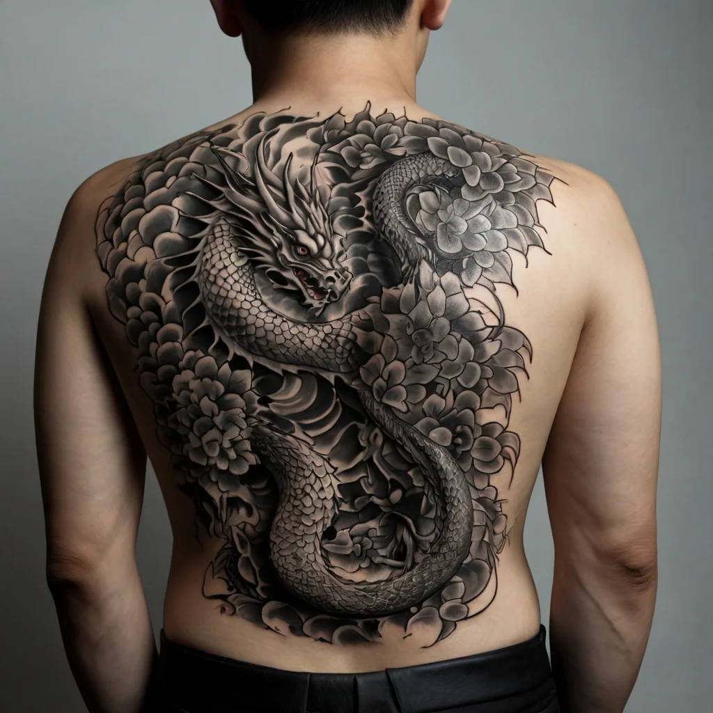 Intricate black and gray back tattoo of a dragon coiled among blooming chrysanthemums, showcasing dynamic linework and depth.