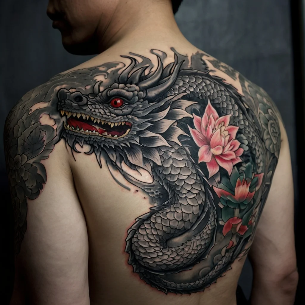 Intricate dragon tattoo with red eyes, scales, and pink lotus flowers wrapping across the shoulder and back.