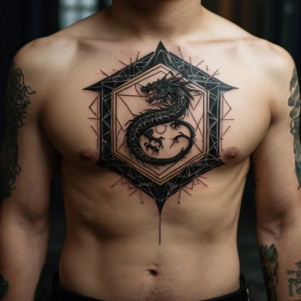 Intricate black dragon in hexagon geometry on chest, with sharp geometric borders and fine detailing.