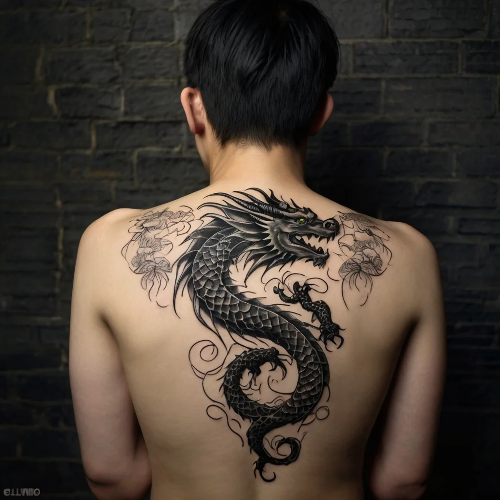 Bold black dragon tattoo with intricate scales, swirling around flowers, elegantly stretched across a person's back.