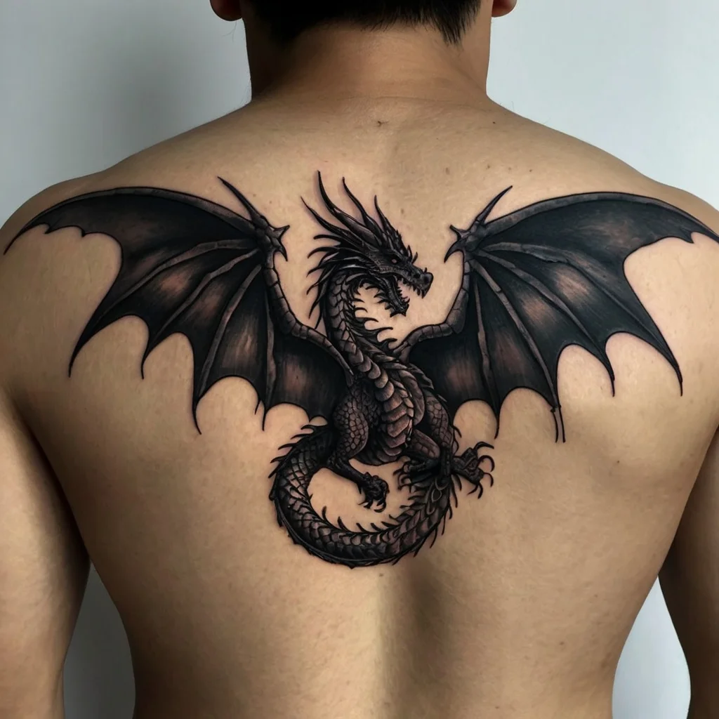 Detailed black ink dragon tattoo on back, wings spread wide, showcasing intricate scales and sharp claws.