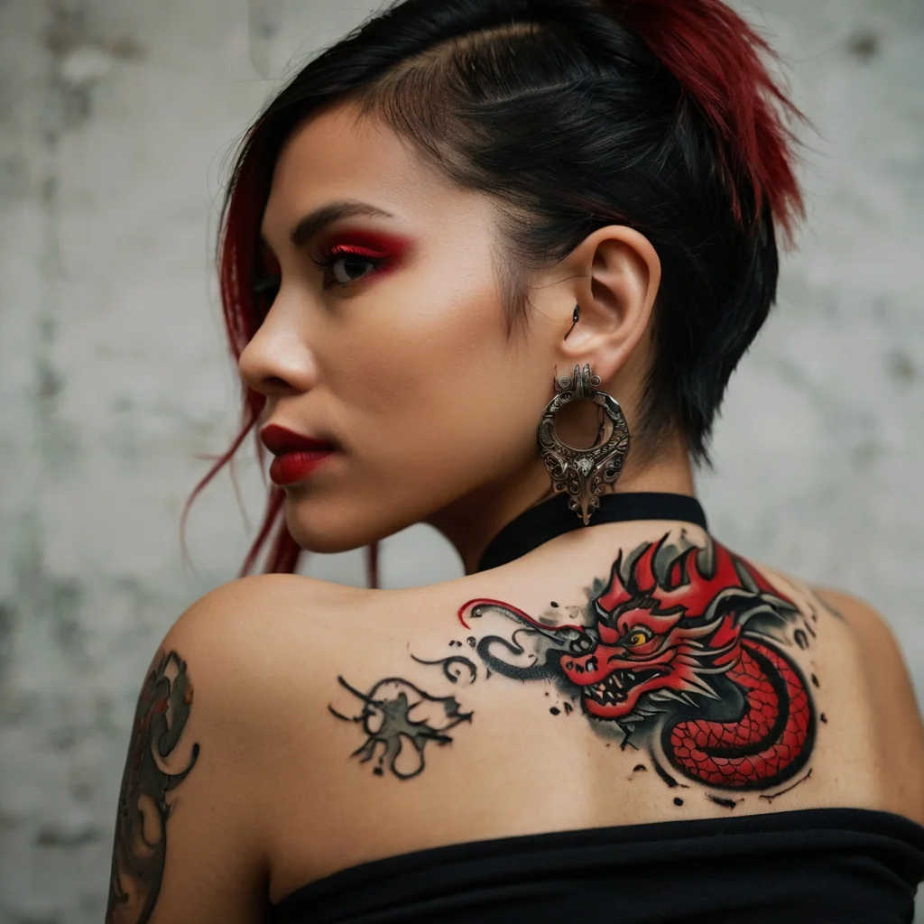 A vibrant red and black dragon tattoo with intricate details, curling across the shoulder, symbolizing strength and power.