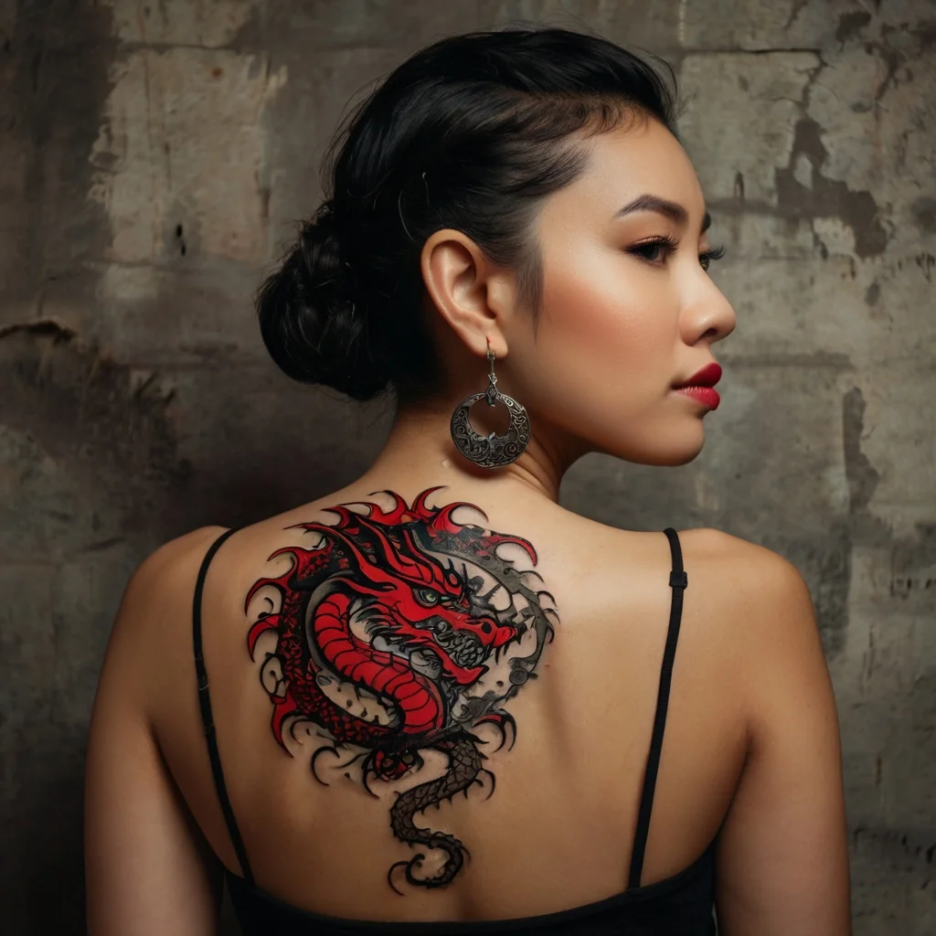 Red and black dragon on upper back, with intricate scales and flames, symbolizing strength and transformation.