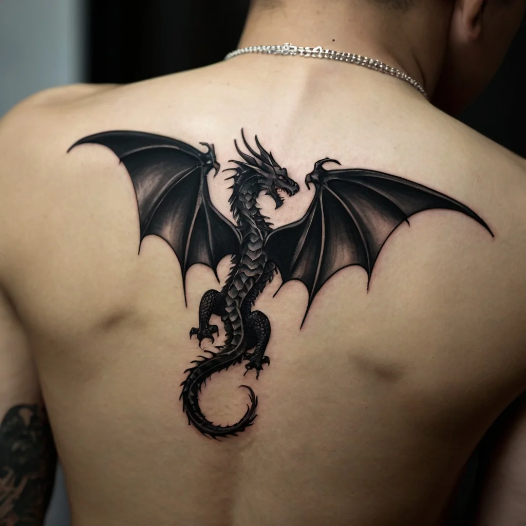 Intricate black dragon tattoo on the back, with detailed wings and scales, symbolizing power and mysticism.