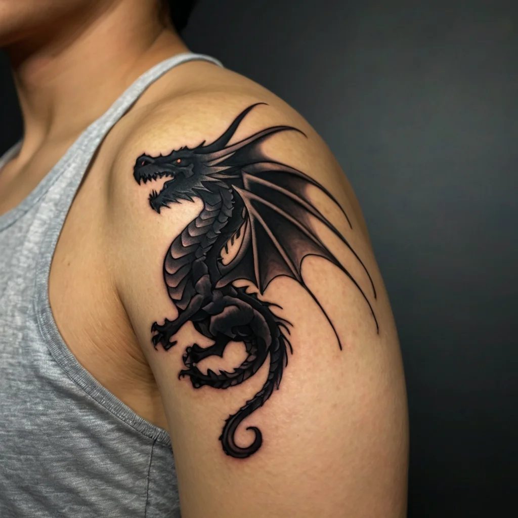 Black dragon tattoo on upper arm, detailed with bold lines and shading, showcasing fierce wings and a curled tail.