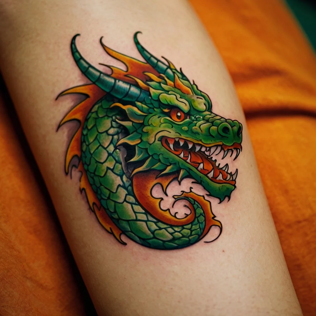 Vibrant green dragon tattoo with orange accents, detailed scales, and fierce eyes, showcasing dynamic energy and strength.