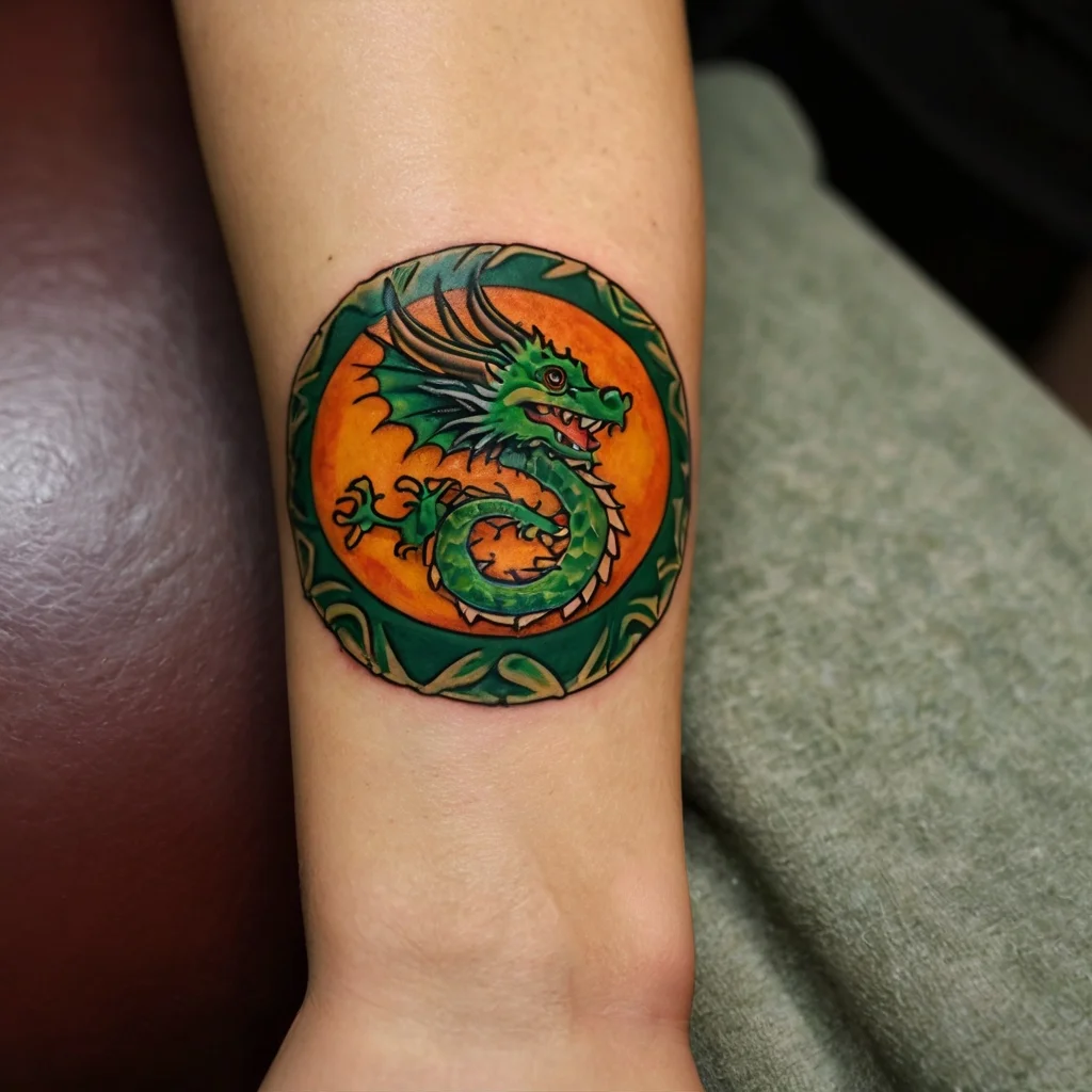 A vivid green dragon tattoo in a circle with an orange background, featuring detailed scales and wings.