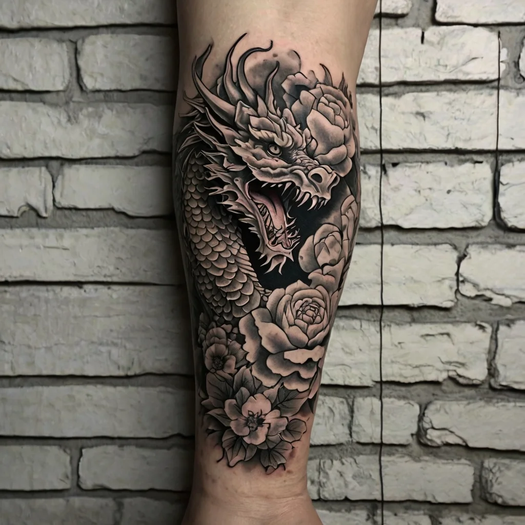 Intricate dragon and peony tattoo on the leg, showcasing detailed scales and floral elements in black and grey tones.