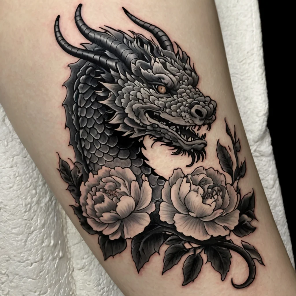 Black and gray tattoo of a dragon intertwined with peonies, showcasing intricate scales and delicate floral details.