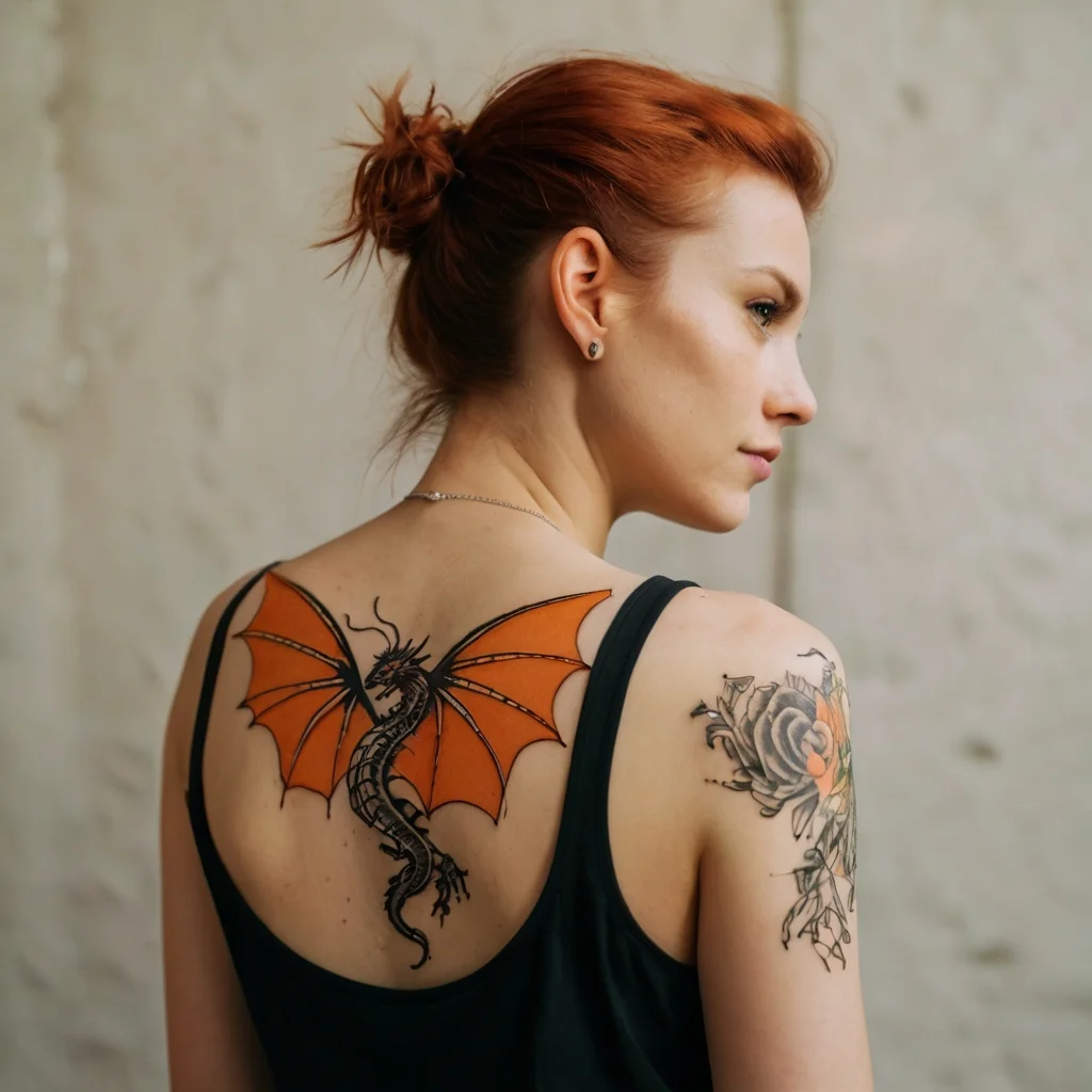 Tattoo design features a black dragon with vivid orange wings on the back and a black-and-gray rose on the shoulder.