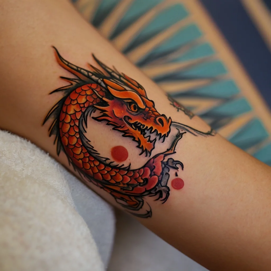 Tattoo of a coiled red and black dragon, detailed scales, fierce eyes, and swirling tail, symbolizing strength and power.