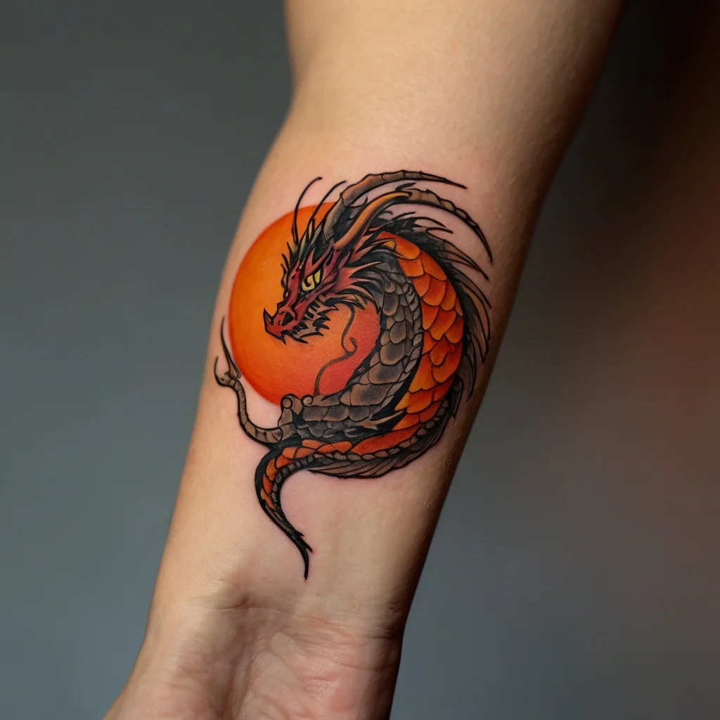 A vibrant dragon encircles a fiery orange sun, showcasing intricate scales and sharp details on the forearm.