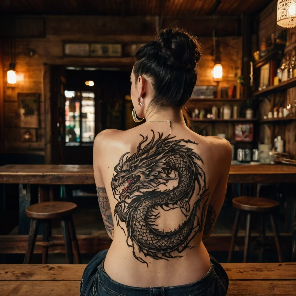 Intricate black dragon tattoo on woman's back, featuring detailed scales and fierce eyes, symbolizes strength and courage.